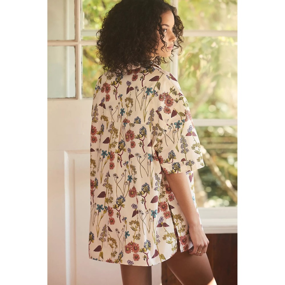 Anthropologie Wildflower Floral Cotton Button Down Pajama Shirt White S Oversize